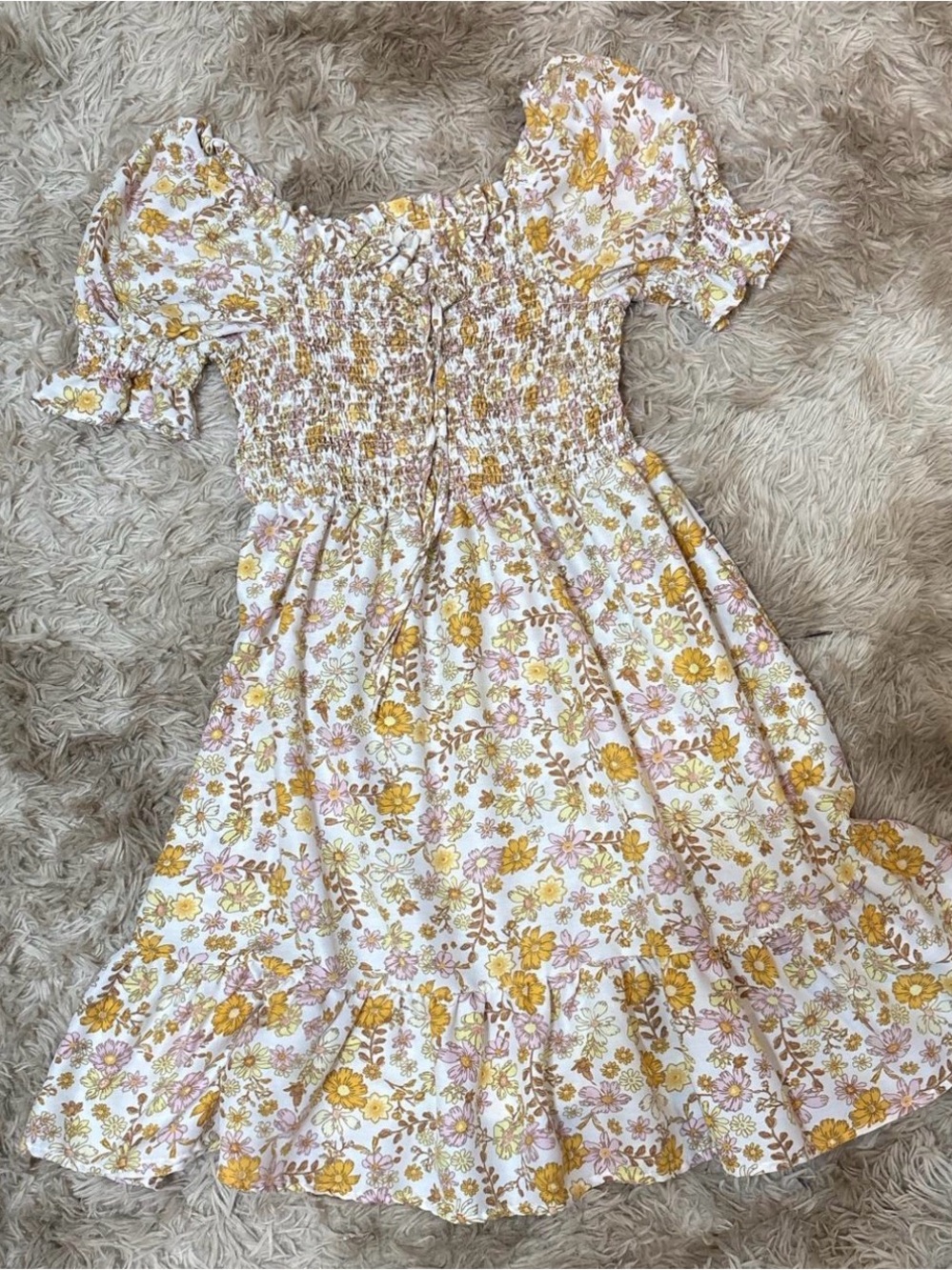 Smocked Puff Sleeve Floral Dress - Yellow & Pink